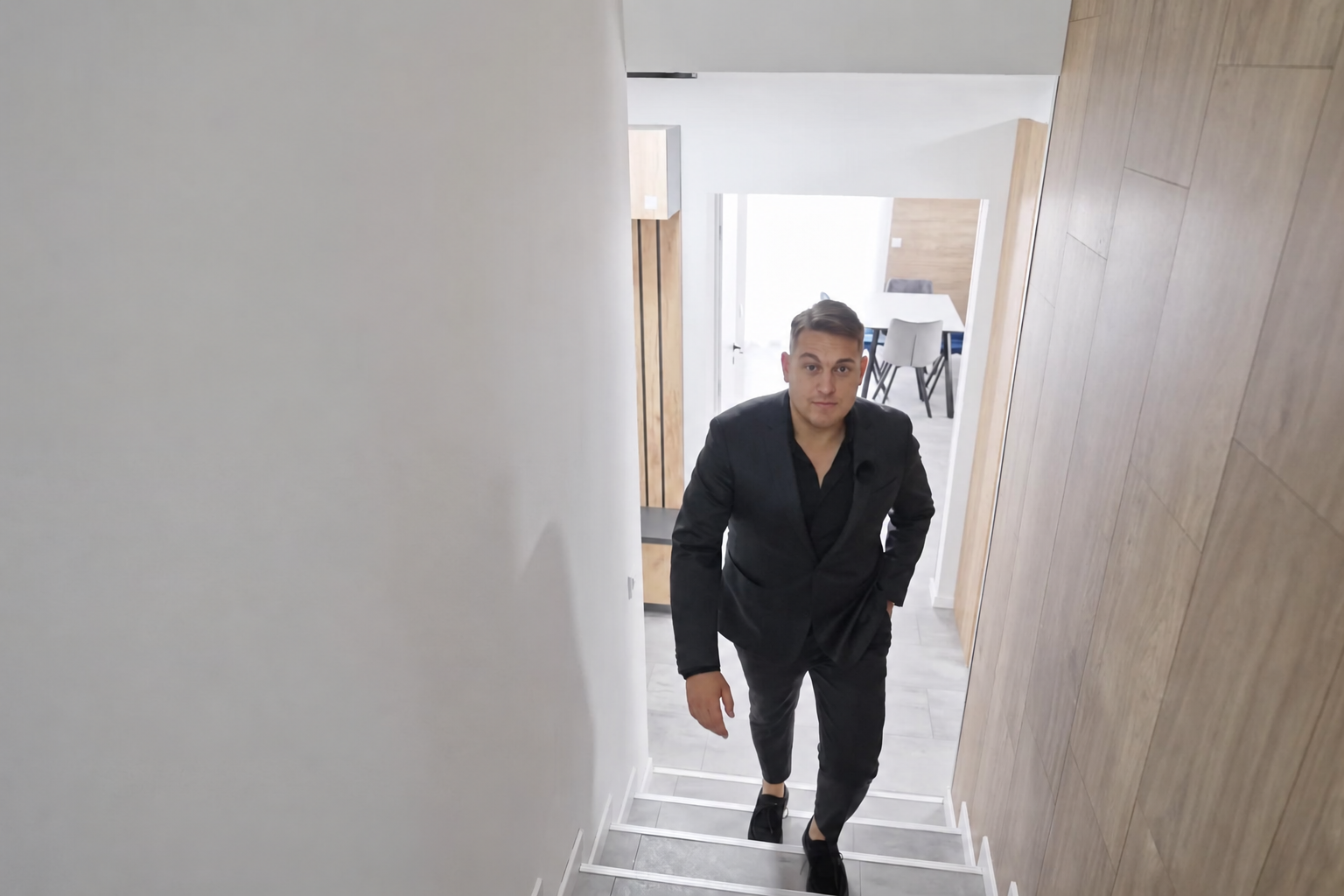 Fürst Flórián egy otthon lépcsőjén, ingatlanbemutató közben